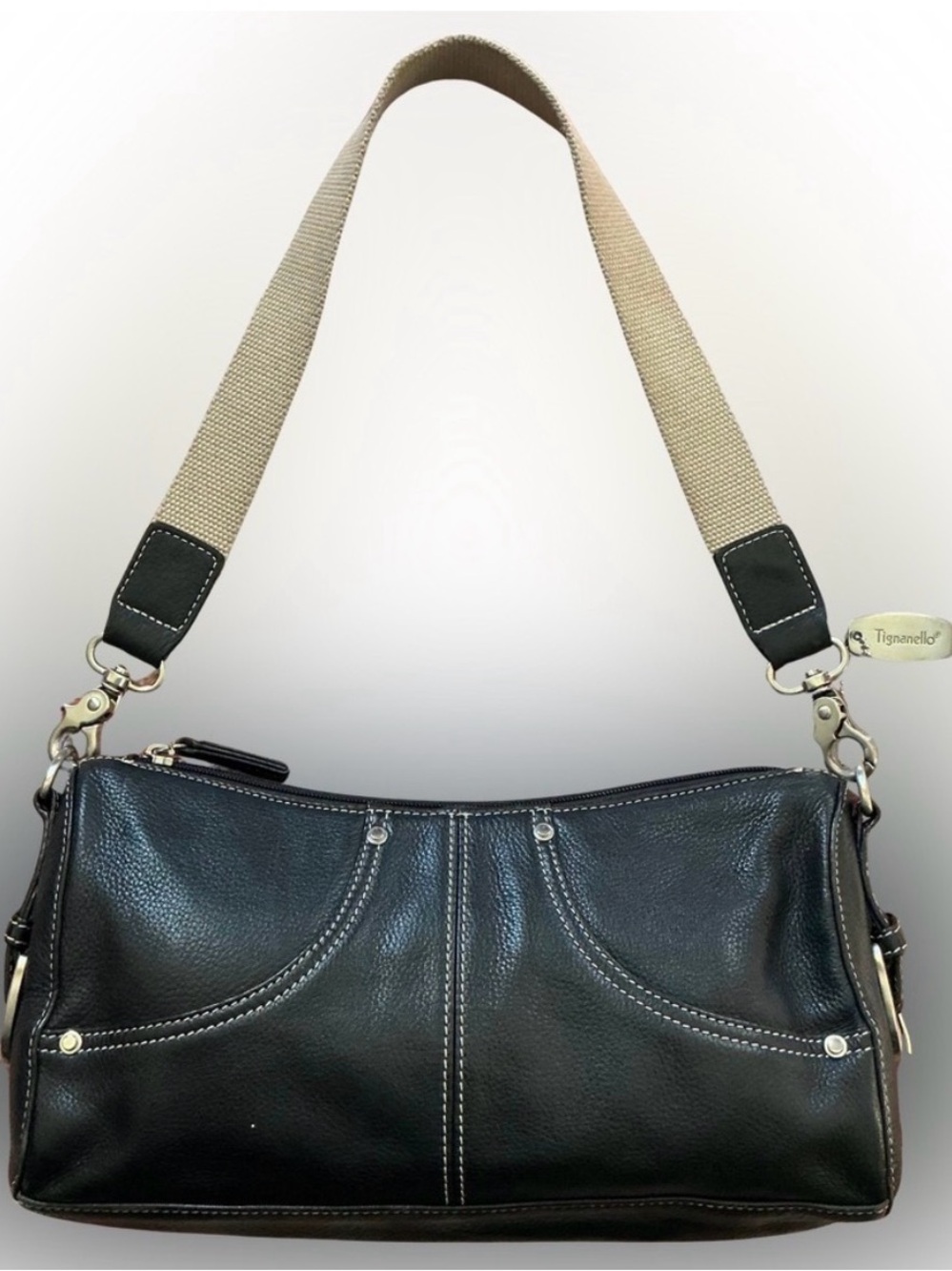 Tignanello Black Pebbled Leather Shoulder Bag Vintage Y2K Baguette Clutch EUC